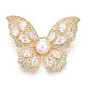 女性のための天然真珠の蝶のブローチ  真鍮パヴェキュービックジルコニアピン  14KGP本金メッキ  32x41x11mm JEWB-N001-14G-1