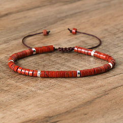 Bracelets tressés en perles de jaspe rouge naturel, bracelets ajustables pour femmes, Diamètre intérieur: 16 cm, perle: 4~4.5x2~2.5 mm