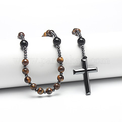 Collar con colgante de cruz de cadena larga con cuentas redondas de ojo de tigre natural para hombres