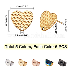 30 шт. 5 цвета ионного покрытия (IP) в форме сердца из нержавеющей стали 304 фурнитура для сережек-гвоздиков&nbsp;EJEW-UN0001-68