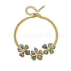 Bracciale da donna con 3 maglia a fiore in acciaio inossidabile 304 e conchiglia di abalone naturale.&nbsp;WGFB39D-01