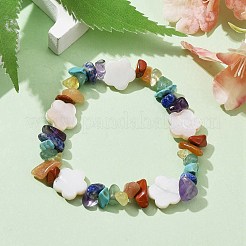 Chips de pierres précieuses naturelles et synthétiques mélangées et bracelet extensible en perles de coquillage&nbsp;BJEW-JB09897