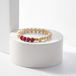 Bracelet extensible en bois naturel et pierre de lave synthétique (teinte) à perles rondes&nbsp;BJEW-JB07815