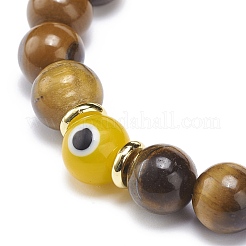Occhio di tigre naturale e braccialetto elasticizzato con perline rotonde malocchio a lume&nbsp;BJEW-JB08713-01