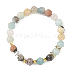Braccialetti elasticizzati con perline rotonde di amazzonite naturale a forma di fiore da 8.5 mm e perline in ottone.&nbsp;BJEW-JB14459