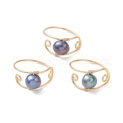 Кольца на палец из натурального жемчуга с медной проволокой&nbsp;RJEW-JR00979