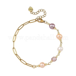 Armbänder aus beidseitig polierten Naturperlenketten mit Büroklammerketten aus Edelstahl 304&nbsp;BJEW-JB14234-02