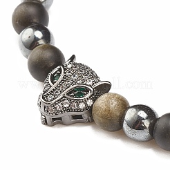 2pcs 2 bracelets de perles tressées en obsidienne naturelle et hématite synthétique serties de léopard en zircone cubique&nbsp;BJEW-JB08119-02