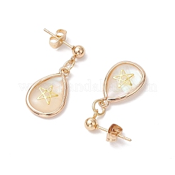 Серьги-гвоздики в форме капли из натуральной латуни с ракушкой пауа&nbsp;EJEW-JE06408-02