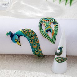 Conjuntos de brazalete y anillo de hierro esmaltado con diseño de pavo real para mujer.&nbsp;WG60250-01