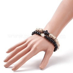 2 pièces 2 ensembles de bracelets extensibles croisés en pierre mélangée naturelle et synthétique de style avec des perles de bois pour les femmes&nbsp;BJEW-JB08344