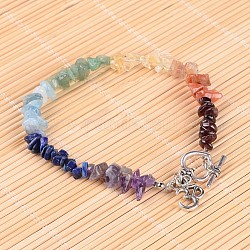 Chakra Jewelry, Gemstone Chip Beaded Anklets, with Alloy Toggle Clasps and Tibetan Style Alloy Om Symbol Pendants, Antique Silver, 9 inch(23cm)