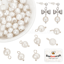 Beebeecraft 40 pz ciondoli ovali con perle d'acqua dolce naturali coltivate, con passanti in ottone color platino, bianco, 10~12x6.5~8x4~5.5mm, Foro: 2.3~2.6 mm