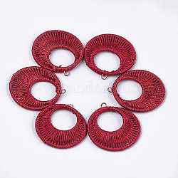 Décorations de pendentif tissées de polyester, recouvert de fer, plat rond, or clair, rouge, 42~47x5~6mm, Trou: 3mm