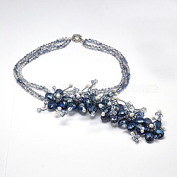 Blume facettierte Glasperlen Lätzchen Aussage Halsketten, mit Federringverschlüssen aus Messing und Perlenperlen, marineblau, 18.5 Zoll