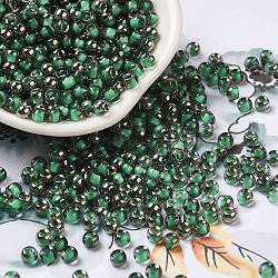 Perles de rocaille en verre de couleurs intérieures transparentes, demi-plaqué, trou rond, ronde, vert clair, 4x3mm, Trou: 1.2mm, 7650 pcs / livre