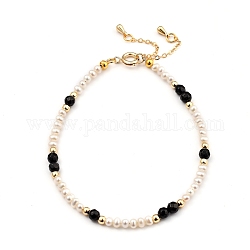 Perlen Armbänder, mit natürlichen Perlen, natürliche schwarze Achat Perlen, Messingperlen & Federringverschlüsse, golden, 19.7 Zoll (7-3/4 cm)