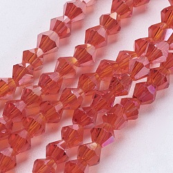 Filo di perline in vetro, ab colore placcato, sfaccettato, bicono, arancio rosso, 4x4mm, Foro: 1 mm, circa 92~96pcs/filo, 13.78~14.37 pollice