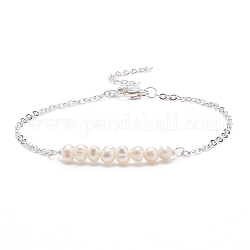 Bracelet à maillons en perles de nacre naturelle avec 304 chaînes forçat en acier inoxydable pour femme, couleur d'argent, 7.52~7.68 pouce (19.1~19.5 cm)