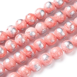 Natürliche Jade Perlen Stränge, mit Silberfolie, gefärbt, Runde, Orangerosa, 8 mm, Bohrung: 1.2 mm, ca. 49~53 Stk. / Strang, 15.55 Zoll ~ 15.75 Zoll (39.5~40 cm)