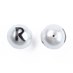 ABS Plastic Imitation Pearl Beads, with Printed, Round with Letter, Letter.R, 10mm, Hole: 1mm