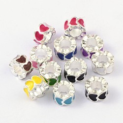 Alloy Enamel European Beads, Large Hole Beads, Column, Silver Color Plated, Mixed Color, 10x6mm, Hole: 5mm