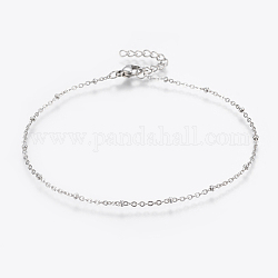 Bracelets de cheville en 304 acier inoxydable, avec fermoir pince de homard, perles rondes et chaînes de câbles, couleur inoxydable, 9 pouce (230 mm), 1.5mm