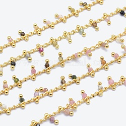 Natürliche Turmalin handgefertigte Perlenketten, gelötet, Bleifrei und cadmium frei, mit Messing-Zubehör, echtes 18k vergoldet, langlebig plattiert, facettiert rund, 6~7x2~3 mm