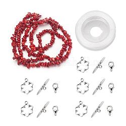 Diy armbänder halsketten schmuck sets, natürlichen roten Korallen-Chips Perlen Stränge, Toggle-Haken, Karabinerhaken und elastischer Draht, 12.6x10.6x2.1 cm