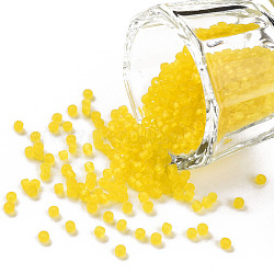 12/0 Grade A Round Glass Seed Beads, Transparent Frosted Style, Yellow, 2x1.5mm, Hole: 0.8mm, 3333pcs/50g