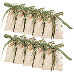 NBEADS 10 Pcs Drawstring Gift Bags, Burlywood Imitation Burlap Bags Polyester Jewelry Pouch with Green Bowknot and Wheat Pendant for Christmas Party Wedding Favors Bags, 5.5×3.74 Inch