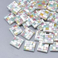 Shell Cabochons, mit Harzboden, Quadrat mit Mosaikmuster, Farbig, 14~15x14~15x4 mm