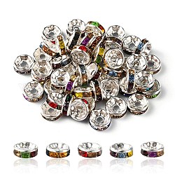Perline distanziatrici rotonde piatte in ferro, con strass colorati, argento, 8mm