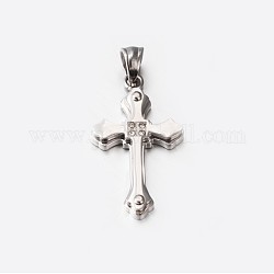 304 Stainless Steel Rhinestone Cross Pendants, Stainless Steel Color, 32x18x4mm, Hole: 6x5mm