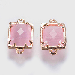 Conectores de enlaces de vidrio, con la fornituras de latón, facetados, Rectángulo, dorado, rosa perla, 15x9x4mm, agujero: 0.6 mm