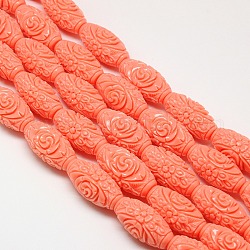 Synthetic Coral Beads Strands, Dyed, Oval Carved Flower Rose, Light Salmon, 26x13mm, Hole: 1mm, about 15pcs/strand, 15.74 inch