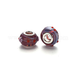 Perles européennes vernissées manuelles, cahoteuse, perles de rondelle avec grand trou , en laiton de tonalité de platine noyaux doubles, brun coco, 14~16x9~10mm, Trou: 5mm