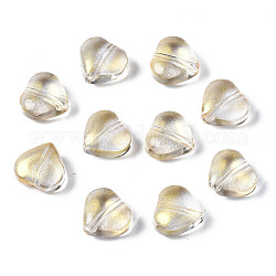 Transparent Spray Painted Glass Beads, with Glitter Powder, Heart, Gold, 7.5x8x4.5mm, Hole: 0.9mm