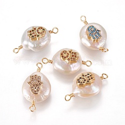 Connecteurs de liens de perles naturelles, avec les accessoires de zircone et en laiton cubes, plat rond avec hamsa main / main de fatima / main de miriam, or, couleur mixte, 19~23x10~12x6~9mm, Trou: 1.6mm