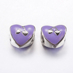 Legierung Schmelz europäischen Perlen, Großloch perlen, Herz mit Kirsche, Platin Farbe, lila, 10x10x7.5 mm, Bohrung: 5 mm