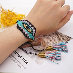 Bracelet en perles de verre tressées avec double pompon, hexagone avec mauvais œil bracelet style ethnique porte-bonheur pour femme, colorées, 11 pouce (28 cm)