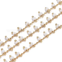 Brass Handmade Glass Beaded Chains, with Spool, Soldered, Long-Lasting Plated, Real 18K Gold Plated, Rondelle, White, Links: 2x2x0.8mm, Charm: 5.5x3mm, about 16.4 Feet(5m)/roll