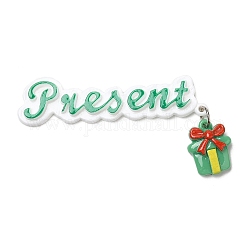 クリスマステーマ不透明樹脂カボション  プラチナトーンの鉄ループ付き  ギフト用の箱  ミディアムシーグリーン  75x40x7mm