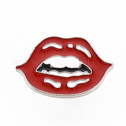 Rack Plating Alloy Enamel Brooches, Enamel Pins, with Brass Butterfly Clutches, Lip, Cadmium Free & Nickel Free & Lead Free, Platinum, Red, 18.5x28mm, Pin: 1mm