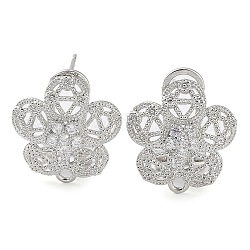 Flower Brass Micro Pave Cubic Zirconia Stud Earrings Finding, with Horizontal Loops, Cadmium Free & Lead Free, Platinum, 16x15mm, Hole: 1.5mm, Pin: 0.8mm