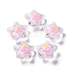 Abalorios de colores vario hechos a mano, con esmalte, estrella con la flor, rosa perla, 20~20.5x21~21.5x11.5~12mm, agujero: 1.6 mm