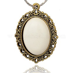 Tibetan Style Alloy Resin Pendants, Oval, Antique Golden, Floral White, 39x28x7mm, Hole: 2mm