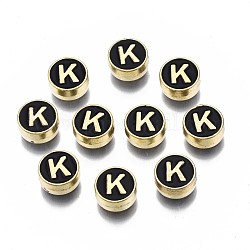 合金エナメルビーズ  カドミウムフリー＆鉛フリー  ライトゴールド  アルファベット付きのフラットラウンド  ブラック  文字.k  8x4mm  穴：1.5mm