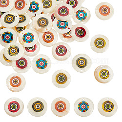 Arricraft 50pcs 5 Farben bedruckte natürliche Süßwasser-Muschel-Anhänger, mit Emaille, flache runde Charme, Mischfarbe, 17.5~18.5x2.5~3.5 mm, Bohrung: 1.2 mm, 10 Stk. je Farbe