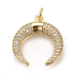 Ottone micro spianare pendenti zirconi, con anelli di salto, doppio corno / ciondolo a mezzaluna, oro, 21x19x3.5mm, Foro: 3 mm